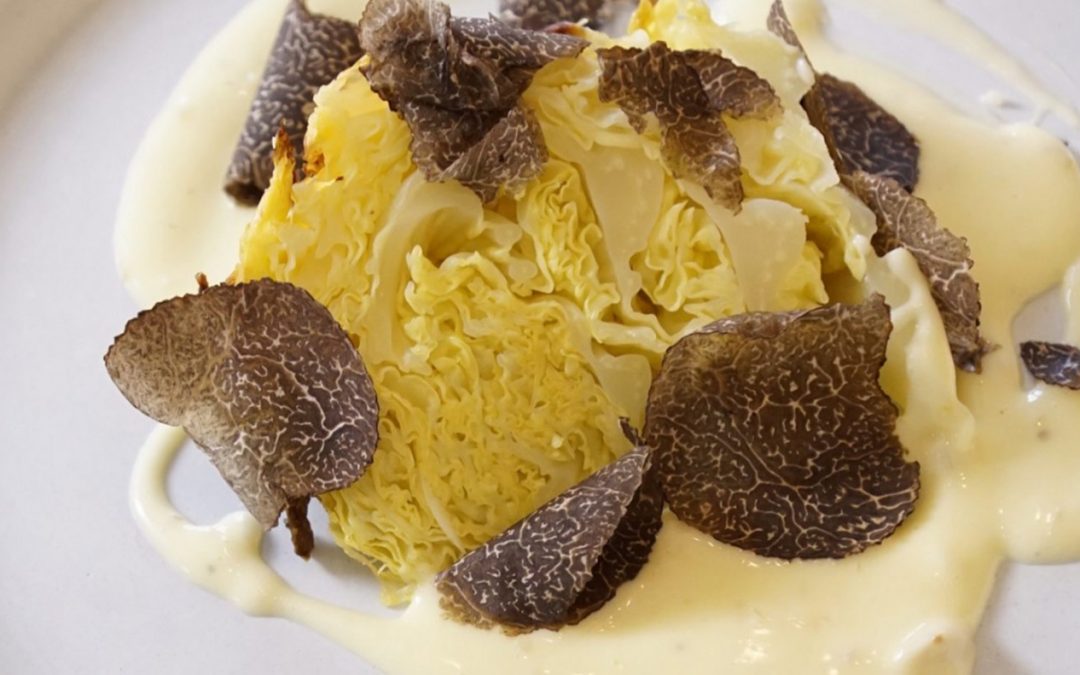 Baked whole cabbage with white butter and truffle sauce recipe by Joan Roca