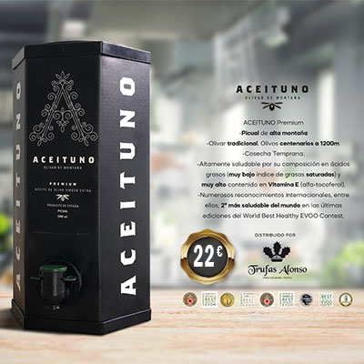 Box of 2 liters of AOVE Aceituno, extra virgin olive oil of Premium category.